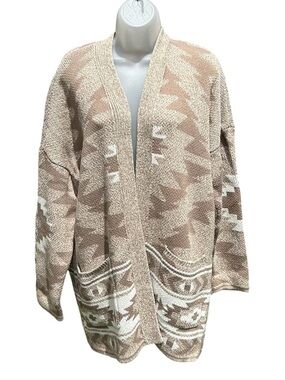 LUCKY BRAND Women XL Beige Cream Tribal Aztec Knit Open Front Sweater Cardigan.